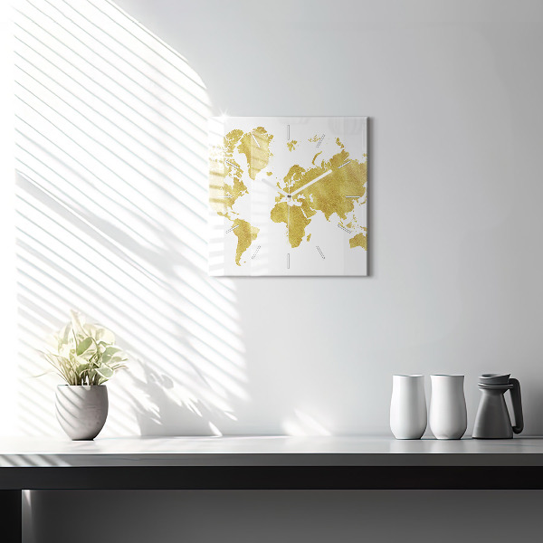 Square glass wall clock Golden map of the world