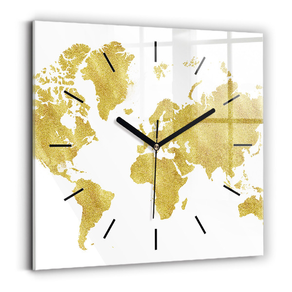 Square glass wall clock Golden map of the world