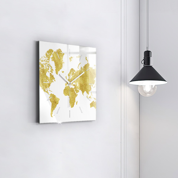 Square glass wall clock Golden map of the world