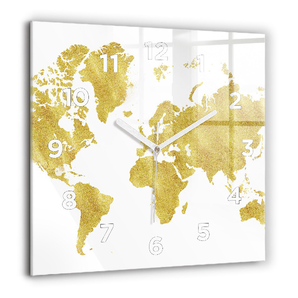 Square glass wall clock Golden map of the world