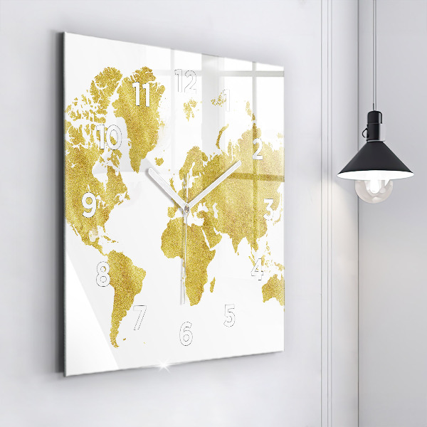 Square glass wall clock Golden map of the world