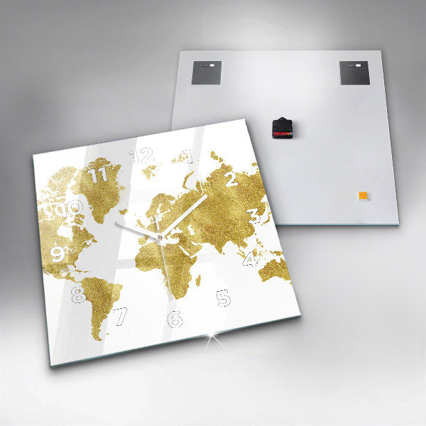 Square glass wall clock Golden map of the world