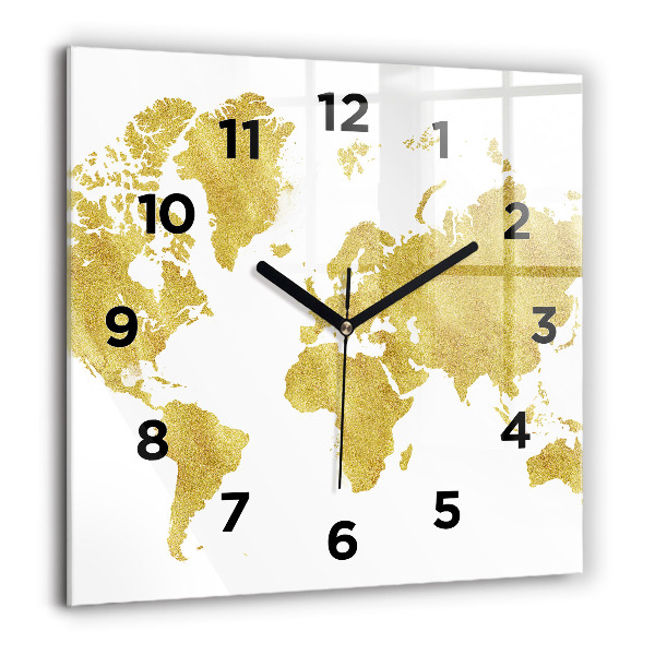 Square glass wall clock Golden map of the world