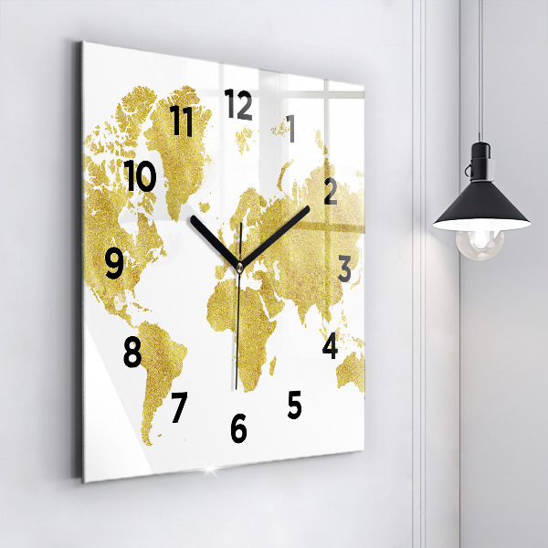 Square glass wall clock Golden map of the world