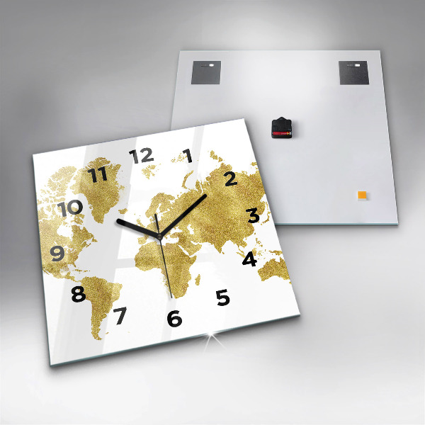 Square glass wall clock Golden map of the world