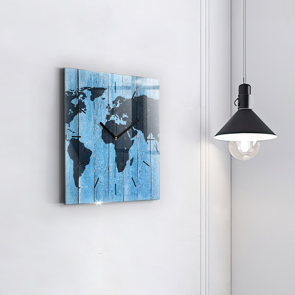 Square glass wall clock World map on boards