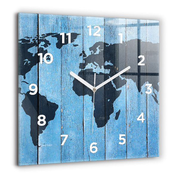 Square glass wall clock World map on boards