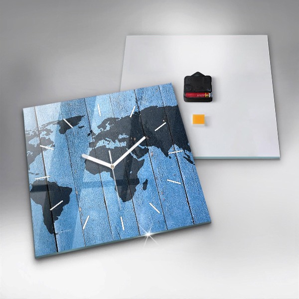 Square glass wall clock World map on boards