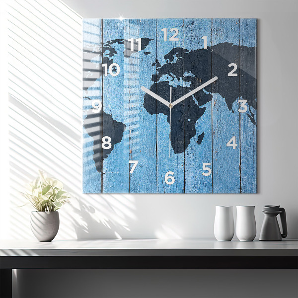 Square glass wall clock World map on boards