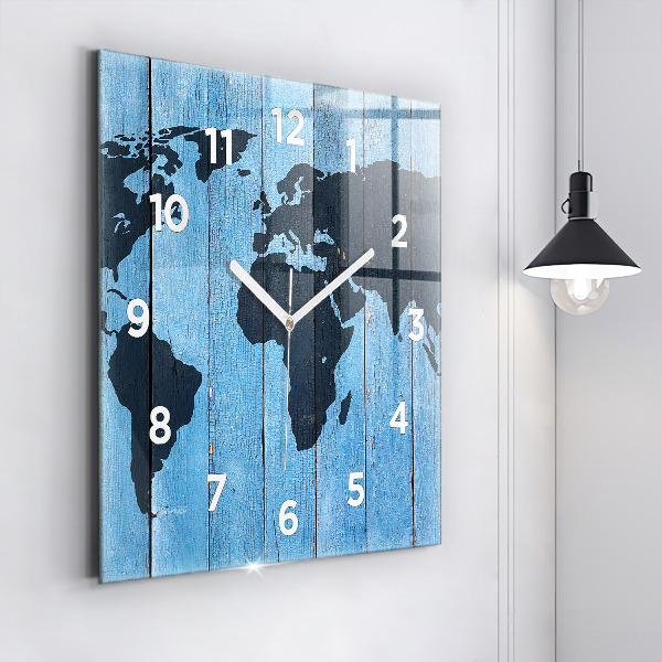 Square glass wall clock World map on boards
