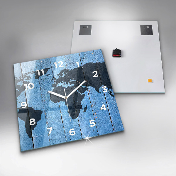 Square glass wall clock World map on boards
