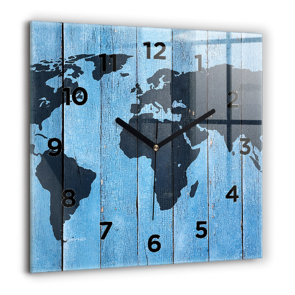 Square glass wall clock World map on boards