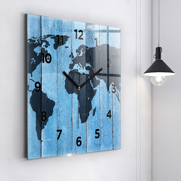 Square glass wall clock World map on boards