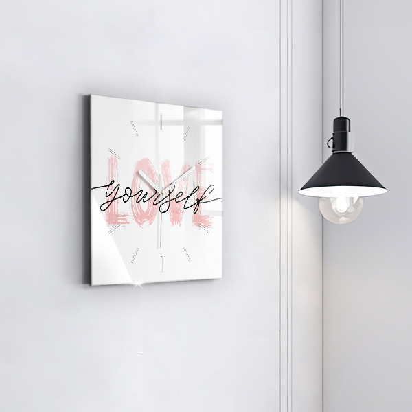 Square glass wall clock The inscription Love yourself