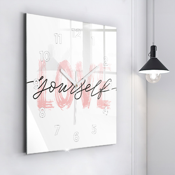 Square glass wall clock The inscription Love yourself