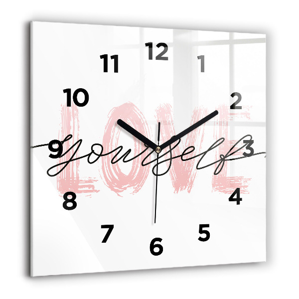 Square glass wall clock The inscription Love yourself