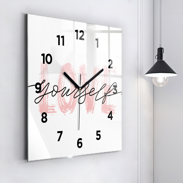 Square glass wall clock The inscription Love yourself
