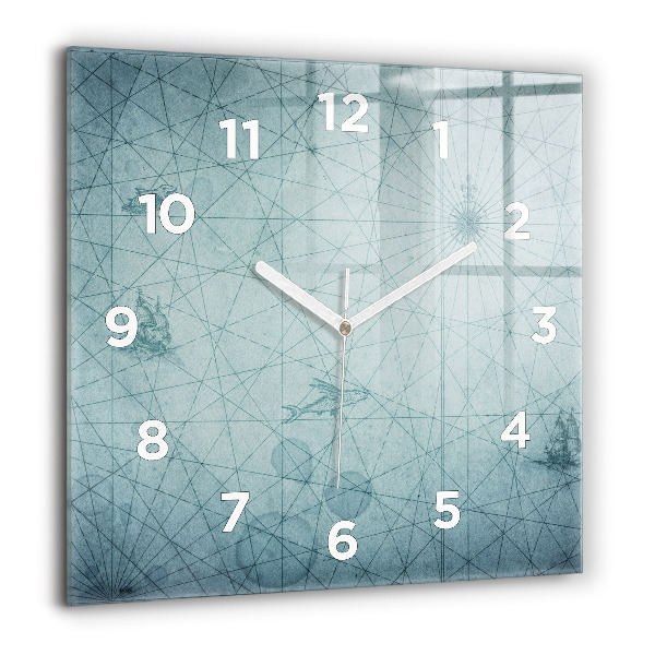 Square glass wall clock Vintage map