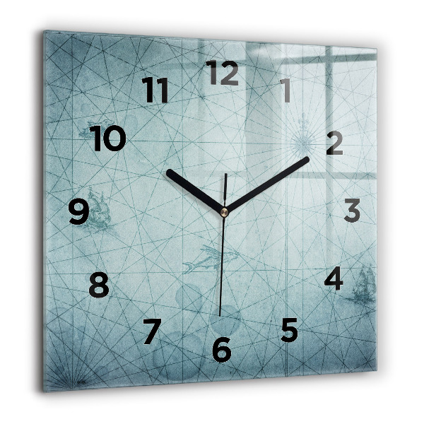 Square glass wall clock Vintage map