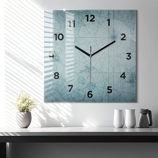 Square glass wall clock Vintage map