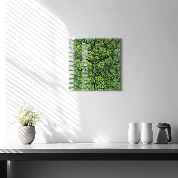 Square glass wall clock Forest from above