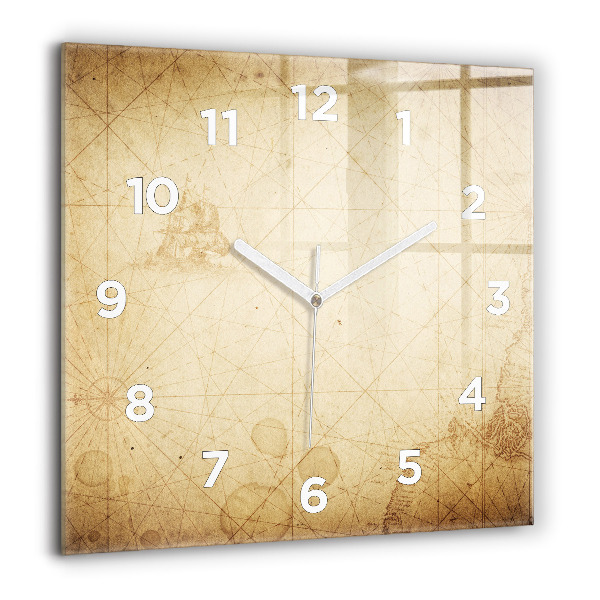 Square glass wall clock Old world map