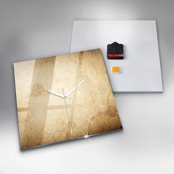 Square glass wall clock Old world map