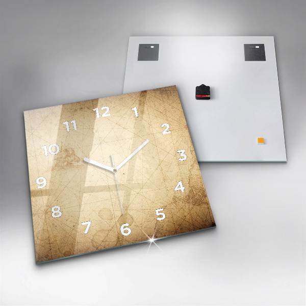 Square glass wall clock Old world map