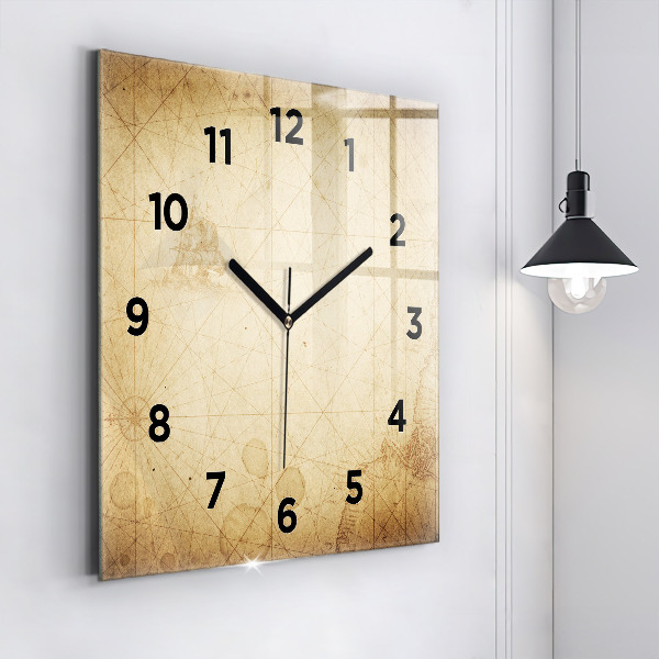 Square glass wall clock Old world map