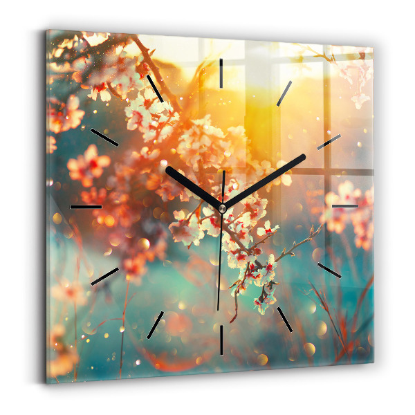 Square glass wall clock Spring flowers