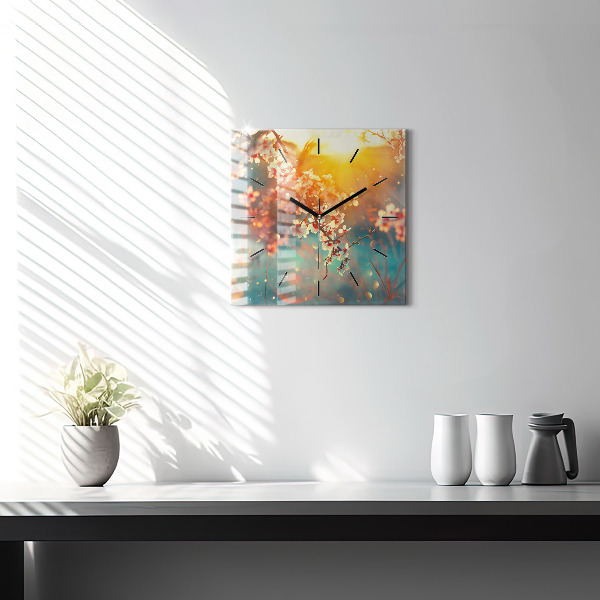 Square glass wall clock Spring flowers