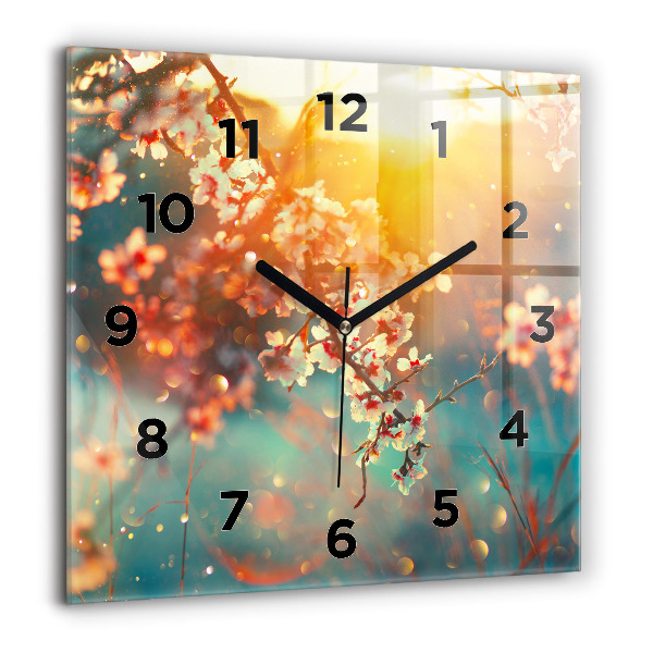 Square glass wall clock Spring flowers
