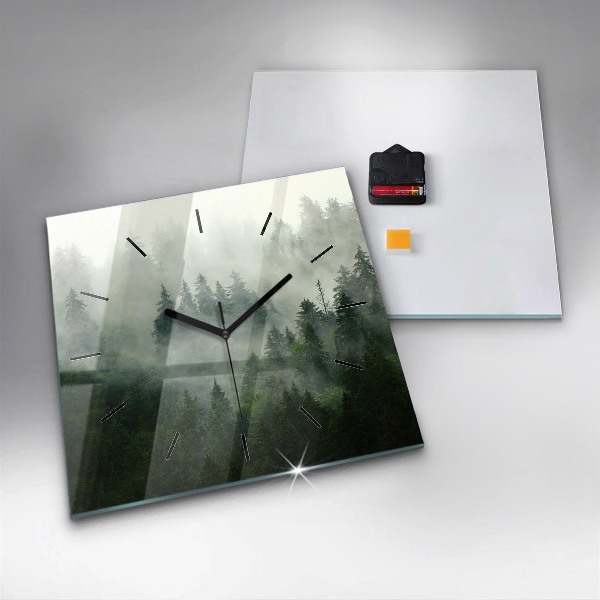 Square glass wall clock Misty forest