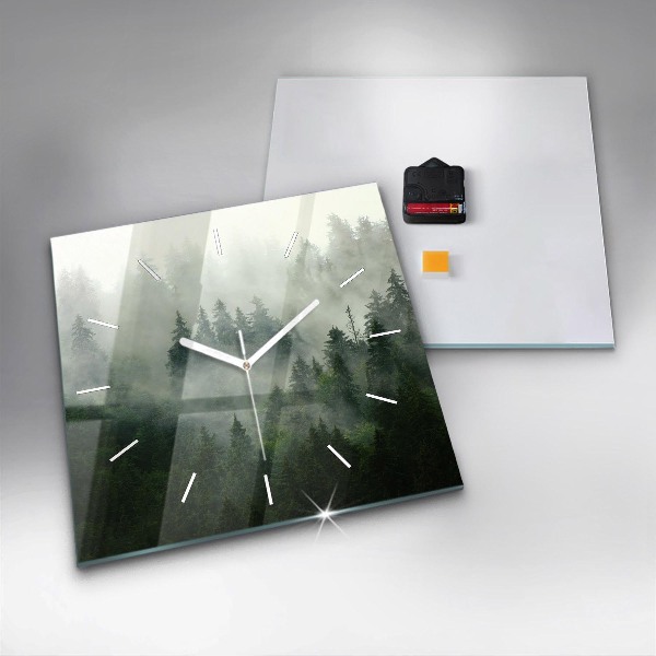 Square glass wall clock Misty forest
