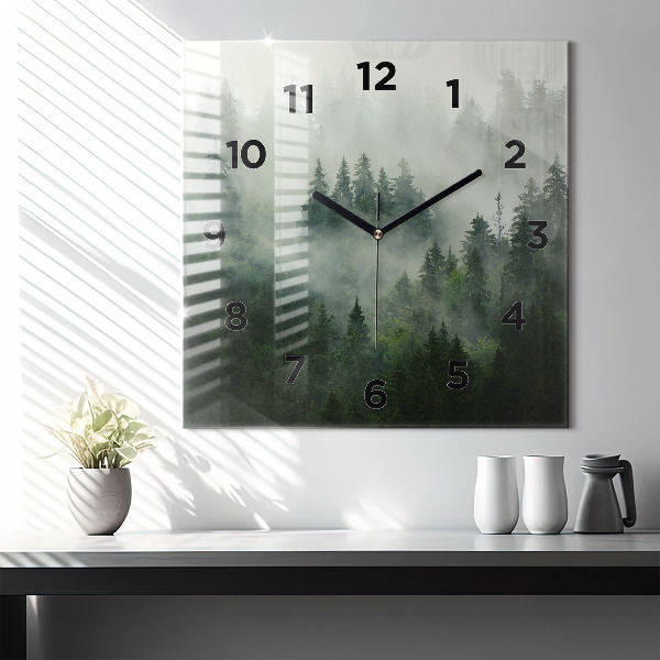 Square glass wall clock Misty forest