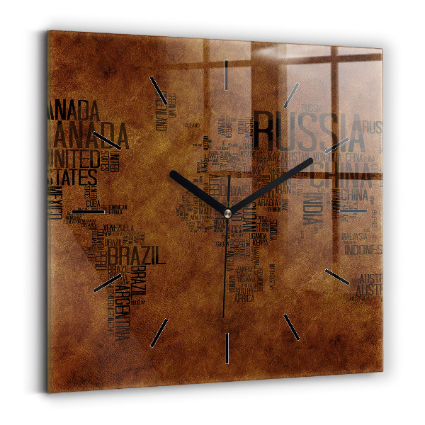 Square glass wall clock Map and country names