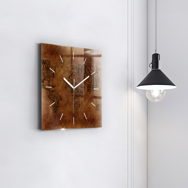 Square glass wall clock Map and country names