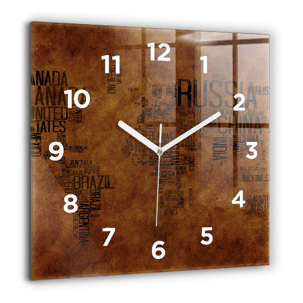 Square glass wall clock Map and country names