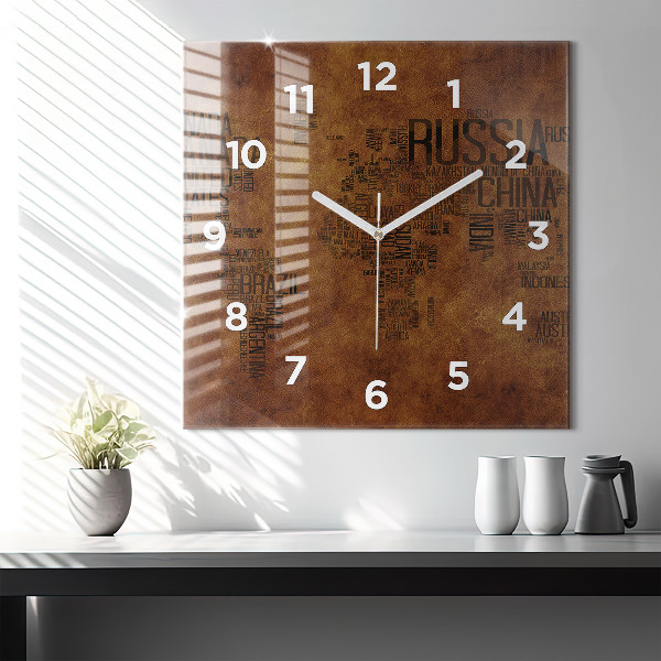 Square glass wall clock Map and country names