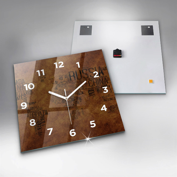 Square glass wall clock Map and country names