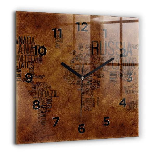 Square glass wall clock Map and country names