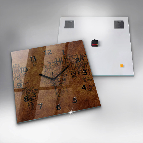 Square glass wall clock Map and country names