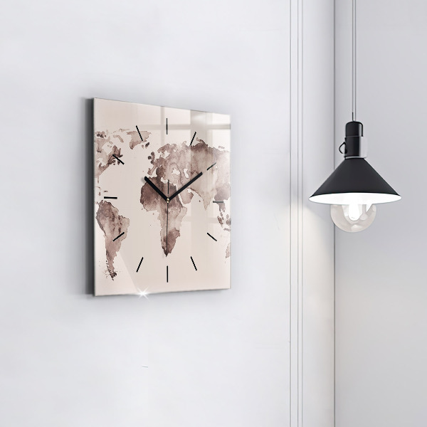 Square glass wall clock Watercolor world map