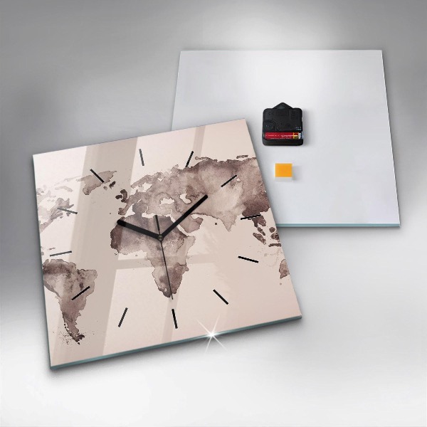 Square glass wall clock Watercolor world map