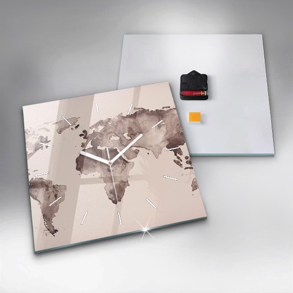Square glass wall clock Watercolor world map