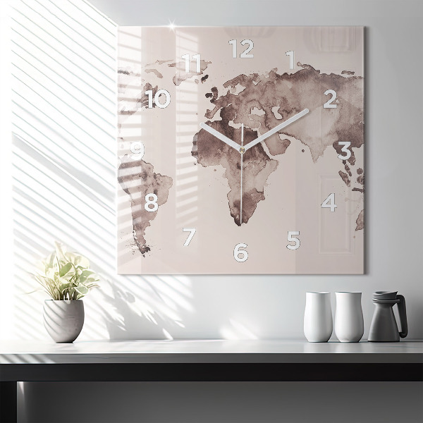 Square glass wall clock Watercolor world map
