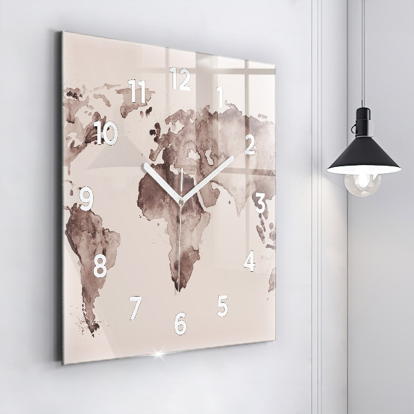 Square glass wall clock Watercolor world map