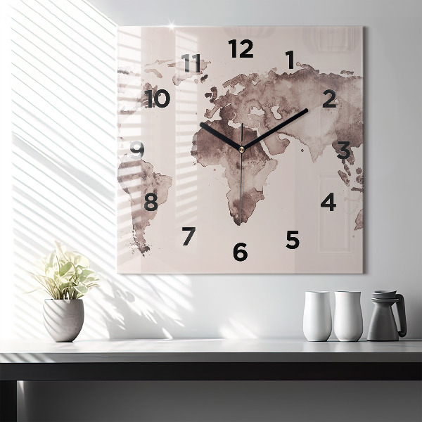 Square glass wall clock Watercolor world map