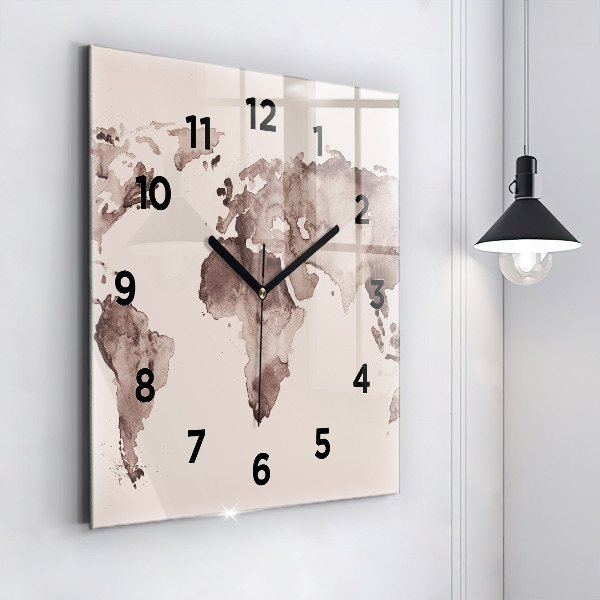 Square glass wall clock Watercolor world map