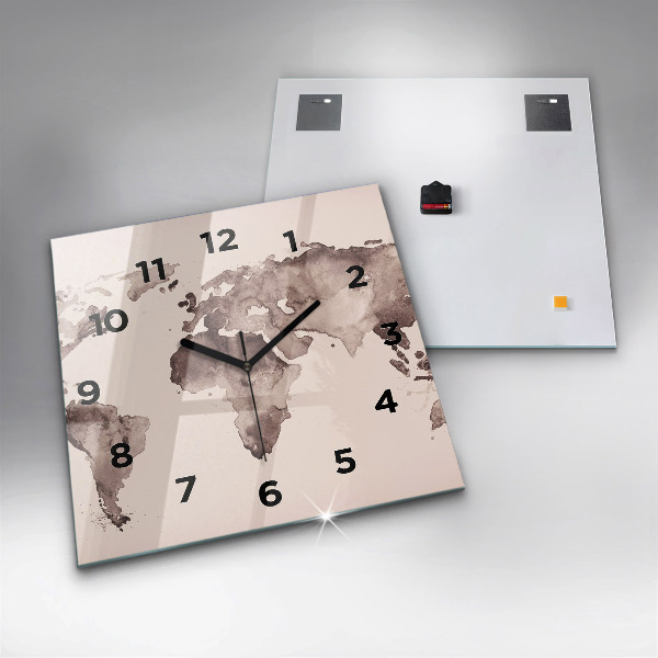Square glass wall clock Watercolor world map